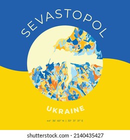 Vector map print template of Sevastopol, Sevastopol, Ukraine with bright blue, green and yellow colors. The various shades follow a radom principle. Art map for any decorative use.