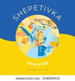 Vector map print template of Shepetivka, Khmelnytskyi Oblast, Ukraine with bright blue, green and yellow colors. The various shades follow a radom principle. Art map for any decorative use.