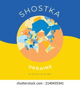 Vector map print template of Shostka, Sumy Oblast, Ukraine with bright blue, green and yellow colors. The various shades follow a radom principle. Art map for any decorative use.