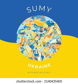Vector map print template of Sumy, Sumy Oblast, Ukraine with bright blue, green and yellow colors. The various shades follow a radom principle. Art map for any decorative use.