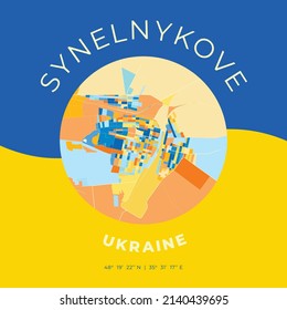Vector map print template of Synelnykove, Dnipropetrovsk Oblast, Ukraine with bright blue, green and yellow colors. The various shades follow a radom principle. Art map for any decorative use.
