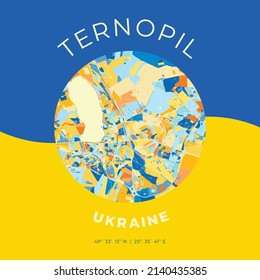 Vector map print template of Ternopil, Ternopil Oblast, Ukraine with bright blue, green and yellow colors. The various shades follow a radom principle. Art map for any decorative use.