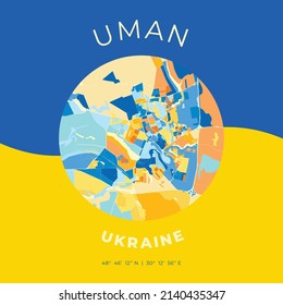 Vector map print template of Uman, Cherkasy Oblast, Ukraine with bright blue, green and yellow colors. The various shades follow a radom principle. Art map for any decorative use.