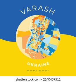 Vector map print template of Varash, Rivne Oblast, Ukraine with bright blue, green and yellow colors. The various shades follow a radom principle. Art map for any decorative use.