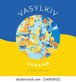 Vector map print template of Vasylkiv, Kiev Oblast, Ukraine with bright blue, green and yellow colors. The various shades follow a radom principle. Art map for any decorative use.