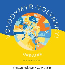 Vector map print template of Volodymyr-Volynskyi, Volyn Oblast, Ukraine with bright blue, green and yellow colors. The various shades follow a radom principle. Art map for any decorative use.
