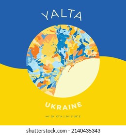 Vector map print template of Yalta, Crimea, Ukraine with bright blue, green and yellow colors. The various shades follow a radom principle. Art map for any decorative use.
