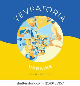 Vector map print template of Yevpatoria, Crimea, Ukraine with bright blue, green and yellow colors. The various shades follow a radom principle. Art map for any decorative use.