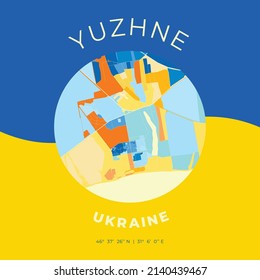 Vector map print template of Yuzhne, Odessa Oblast, Ukraine with bright blue, green and yellow colors. The various shades follow a radom principle. Art map for any decorative use.