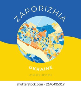 Vector map print template of Zaporizhia, Zaporizhia Oblast, Ukraine with bright blue, green and yellow colors. The various shades follow a radom principle. Art map for any decorative use.