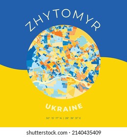Vector map print template of Zhytomyr, Zhytomyr Oblast, Ukraine with bright blue, green and yellow colors. The various shades follow a radom principle. Art map for any decorative use.
