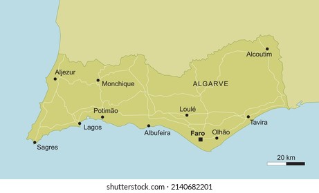 vector map of the province Algarve in Portugal with important cities and roads geography cartography blue green