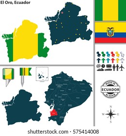 Vector map of province of El Oro with flags and location on Ecuadorian map