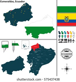 Vector map of province of Esmeraldas with flags and location on Ecuadorian map