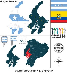 Vector map of province of Guayas with flags and location on Ecuadorian map