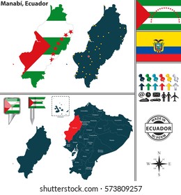 Vector map of province of Manabi with flags and location on Ecuadorian map
