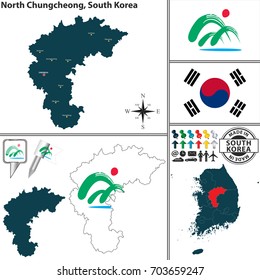 Vector map of province of North Chungcheong with flags and location on South Korean map