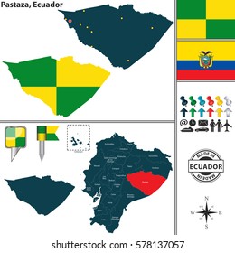 Vector map of province of Pastaza with flags and location on Ecuadorian map