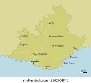 vector map of the province Provence in France with important cities and roads geography cartography blue green