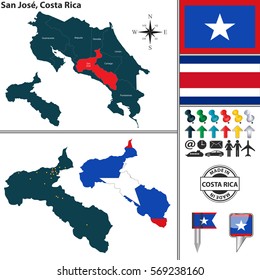 Vector map of province San Jose with flag and location on Costa Rican map