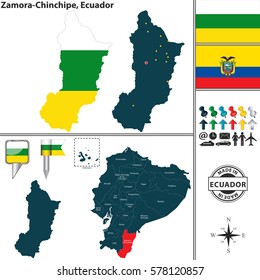 Vector map of province of Zamora Chinchipe with flags and location on Ecuadorian map