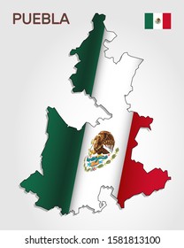 Vector map of Puebla state combined with waving Mexican national flag - Vector