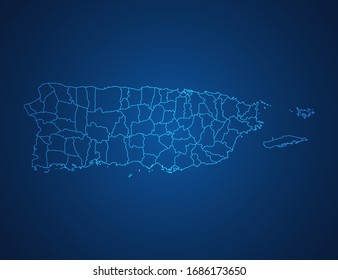 Vector map of Puerto Rico abstract blue line scales on dark background.