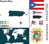 Vector map of Puerto Rico with coat of arms and location on world map
