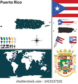Vector map of Puerto Rico with coat of arms and location on world map