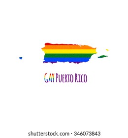 Vector map of Puerto Rico in LGBT (lesbian, gay, bisexual, and transgender) flag colors and GAY Puerto Rico caption on white background. Rainbow flag with denim textile texture.
