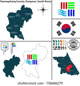Vector Map Of Pyeongchang County With Flags And Location On Gangwon Province Map. 