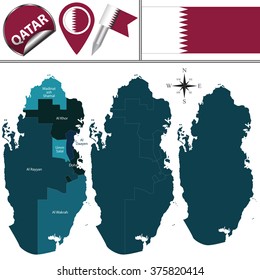 Vector map of Qatar with named municipalities and travel icons