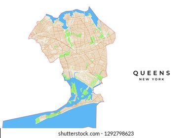 Vector map of Queens, New York, USA. Various colors for streets, parks, water and border.