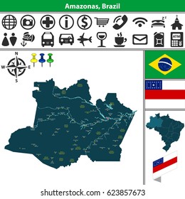 Vector map of region of Amazonas with cities, flags and location on Brazilian map