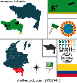 Vector map of region of Amazonas with coat of arms and location on Colombian map