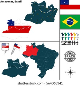 Vector map of region of Amazonas with flags and location on Brazilian map