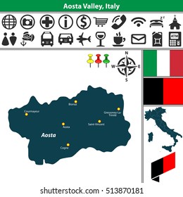 Vector map of region Aosta Valley with coat of arms and location on Italy map