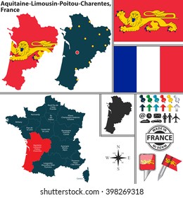 Vector map of region Aquitaine-Limousin-Poitou-Charentes with flag and location on France map