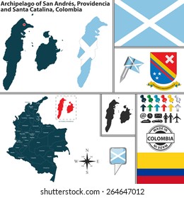 Vector map of region of Archipelago of San Andres, Providencia and Santa Catalina with coat of arms and location on Colombian map