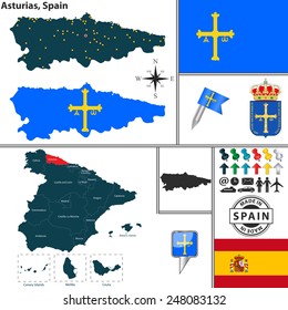 Vector map of region of Asturias with coat of arms and location on Spanish map