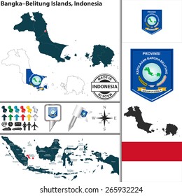 Vector map of region Bangka Belitung Islands with coat of arms and location on Indonesian map