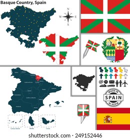 Vector map of region of Basque Country with coat of arms and location on Spanish map