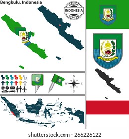 Vector map of region Bengkulu with coat of arms and location on Indonesian map