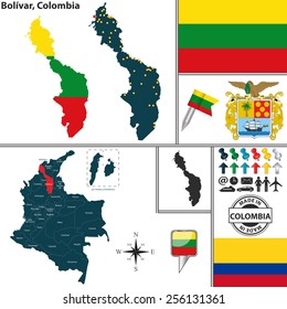 Vector map of region of Bolivar with coat of arms and location on Colombian map