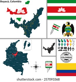 Vector map of region of Boyaca with coat of arms and location on Colombian map