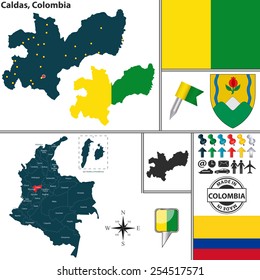 Vector map of region of Caldas with coat of arms and location on Colombian map