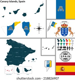 Vector map of region of Canary Islands with coat of arms and location on Spanish map