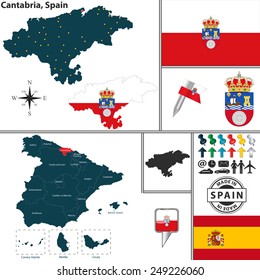 Vector map of region of Cantabria with coat of arms and location on Spanish map