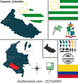 Vector map of region of Caqueta with coat of arms and location on Colombian map
