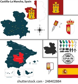 Vector map of region of Castilla-La Mancha with coat of arms and location on Spanish map